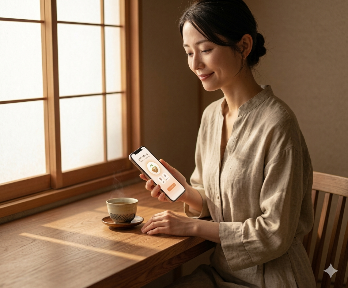 アプリを見せる女性